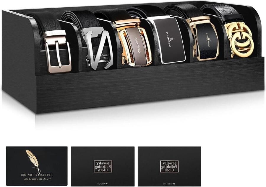 Allecto Plus Organizer Box voor riemen 6 vakken donker bamboe houten riemenrek voor kast zwarte opbergdoos voor riemen lade en kledingkast voor mannen & vrouwen opbergen van accessoires en horloges