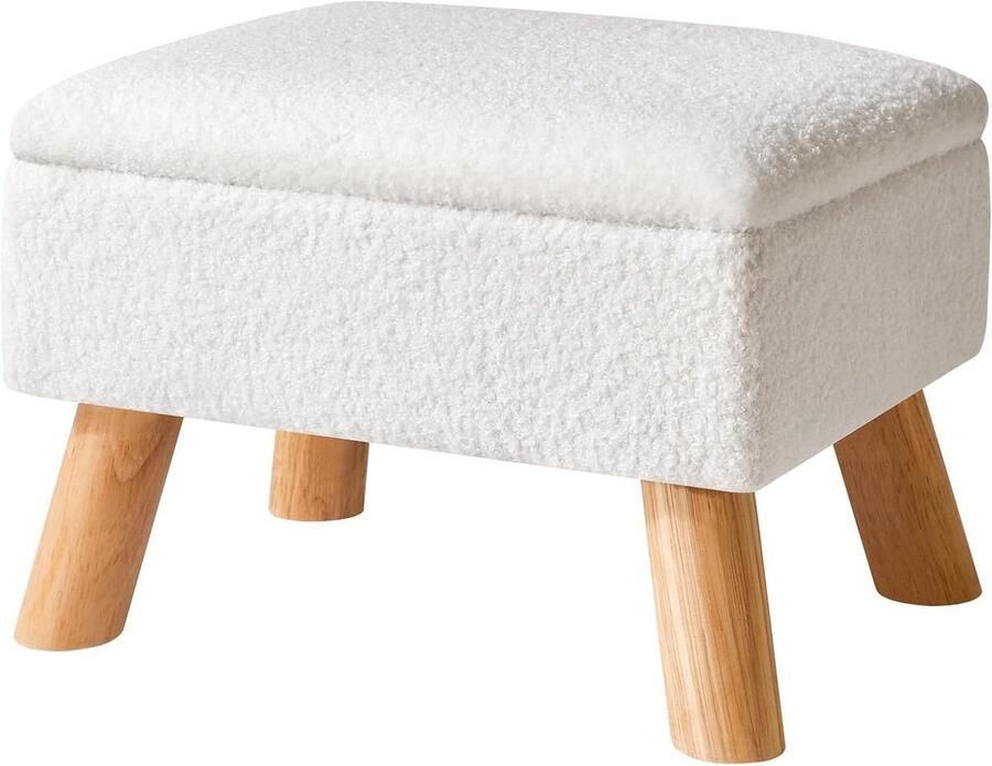 Allecto Plus Ottoman HBD042W Voetenbank met Opbergruimte en Teddy Fluwelen Zitting Stabiele Houten Poten Voor Woonkamer en Slaapkamer 40 x 30 x 28 cm