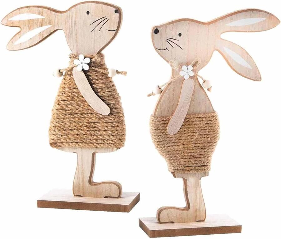Allecto plus Paashaas houten decoratie set 2 stuks 17 cm Buiten en tafel decoratie Houten paashazen met henneptouw