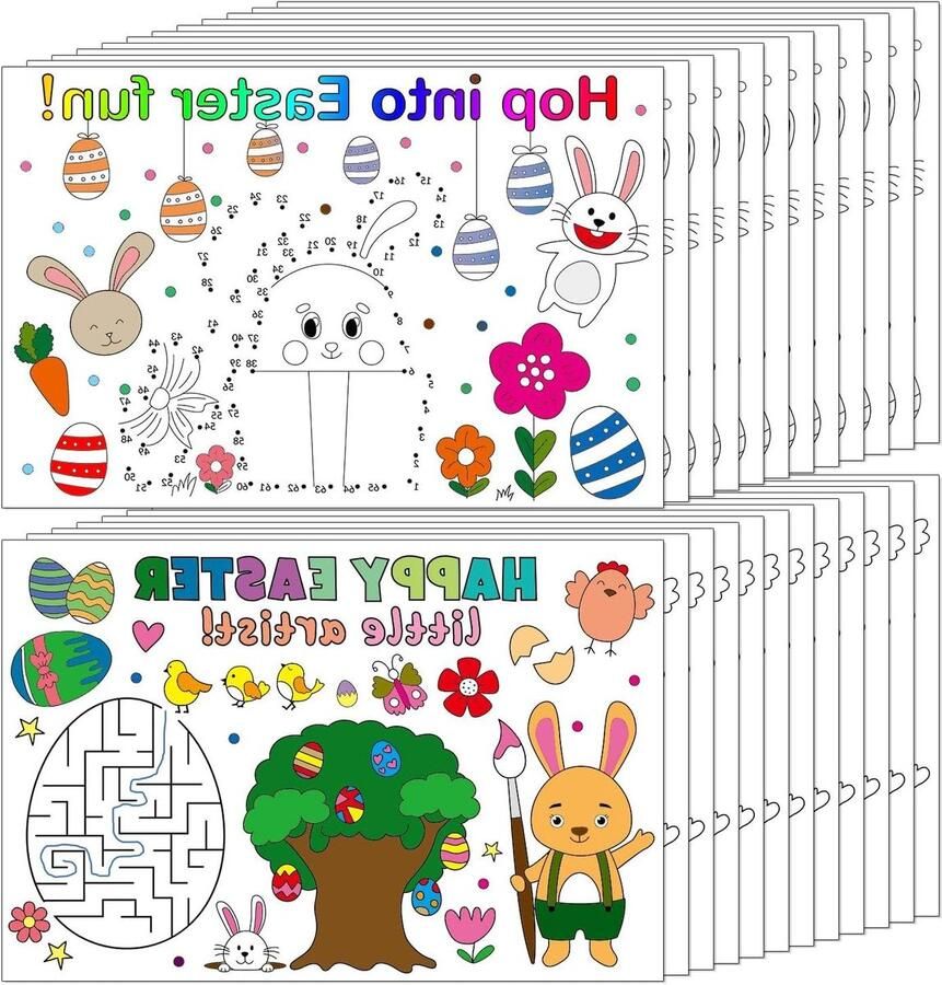 Allecto Plus Paasplacemats voor kinderen 24 stuks Paasei & Konijn Kleurplaatafdrukken Wegwerp Lente Feesttafelmatten Thema Knutseldecoraties Eettafel