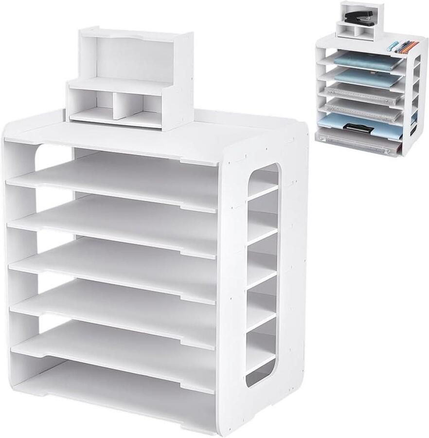 Allecto plus Papieropbergorganizer met 7 niveaus witte papierhouder voor kantoor stapelbaar en ruimtebesparend