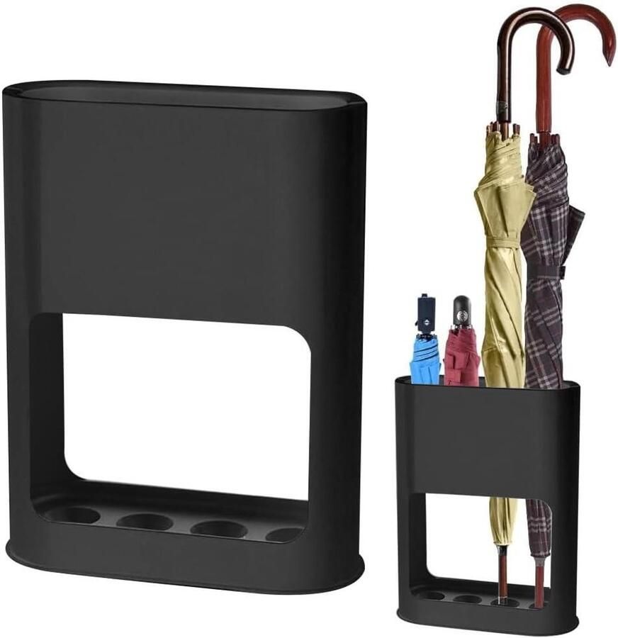 Allecto Plus Paraplustandaard met 4 sleuven en afneembare lekbak Opbergrek voor entree Parasolstandaard voor lange korte paraplu's Parapluhouder Zwart