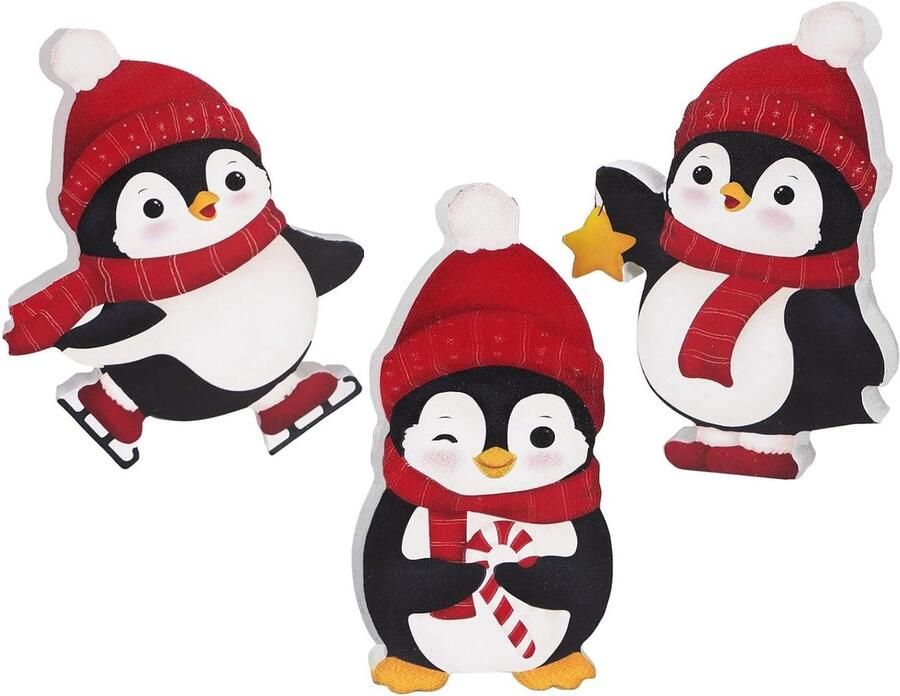 Allecto plus Pinguïn Kerst Decoratie Set 3 Stuks Winter Thema Xmas Tafel Decoratie voor Thuis Kantoor en Feest Houten Blokken Gelaagde Lade Decoratie