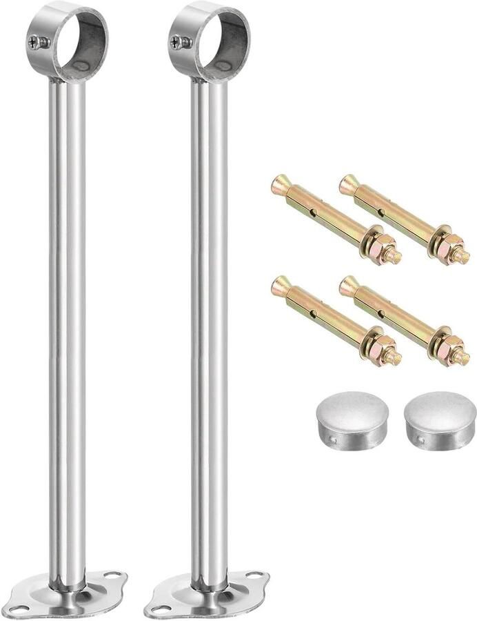 Allecto plus Plafondgordijnstangen 2 stuks 32 mm buis 300 mm lengte Roestvrij staal Haken Gordijnroede voor muren en kasten Zilverkleurig