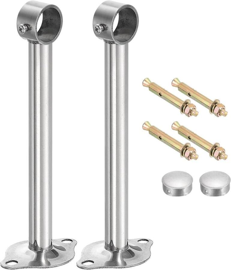 Allecto plus Plafondgordijnstangen 25 mm buis 2 stuks 200 mm lengte Roestvrij staal Haken Voor muren kasten Zilver