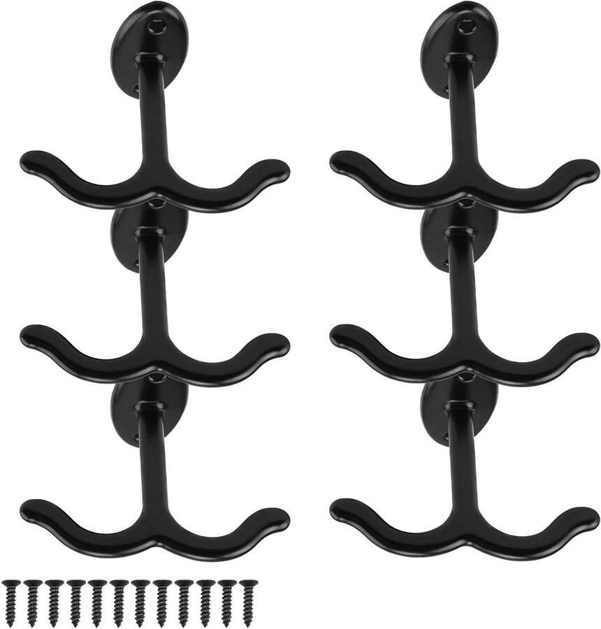 Allecto Plus Plafondhaken 6 stuks zwart metaal voor garderobe Hangend aan beide zijden Inclusief schroeven Voor keuken badkamer en slaapkamer