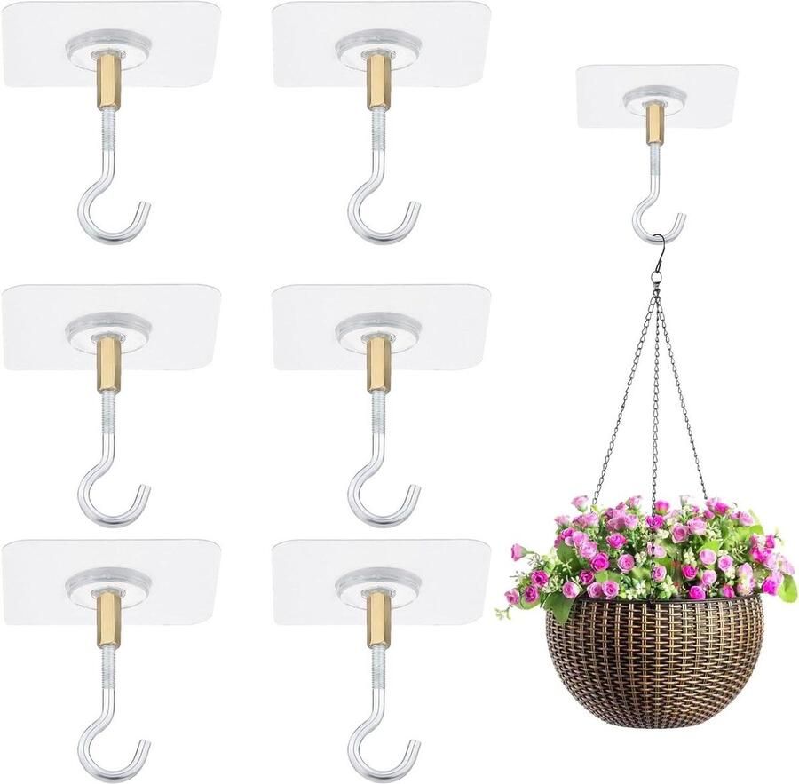 Allecto Plus Plafondhaken set van 6 stuks zelfklevend PVC en messing geschikt voor planten en lampen uitbreidbaar tot 57mm met 59x59mm pad 15mm paal