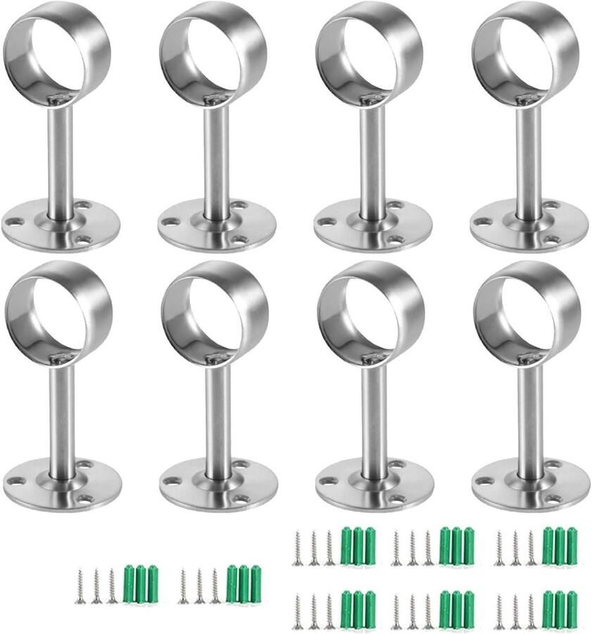 Allecto Plus Plafondmontagebeugels voor gordijnroede RVS Kledingbuis steunbeugel Kledingopslag Inclusief schroeven voor plafondmontage Geschikt voor kledingkast en douche 8 stuks (86-25 mm)