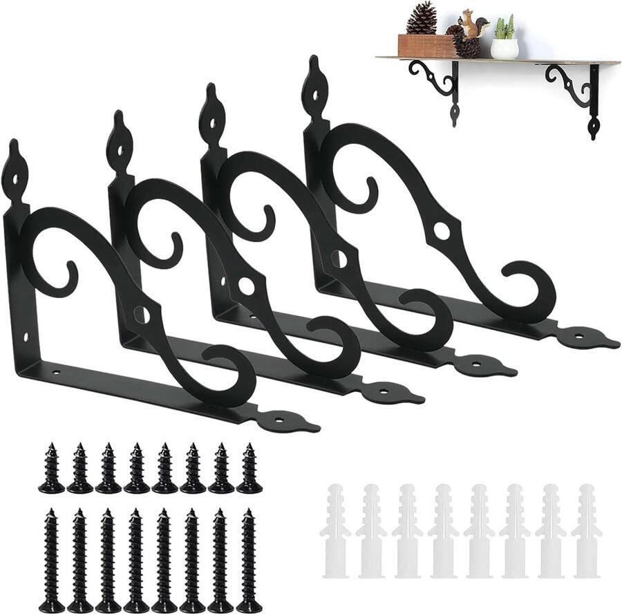 Allecto Plus Plankhoek 4 stuks zwart metaal 14 cm x 11 cm Heavy duty console plankdrager Vintage design Wandmontage boekenplanken Tuin keuken opbergoplossing