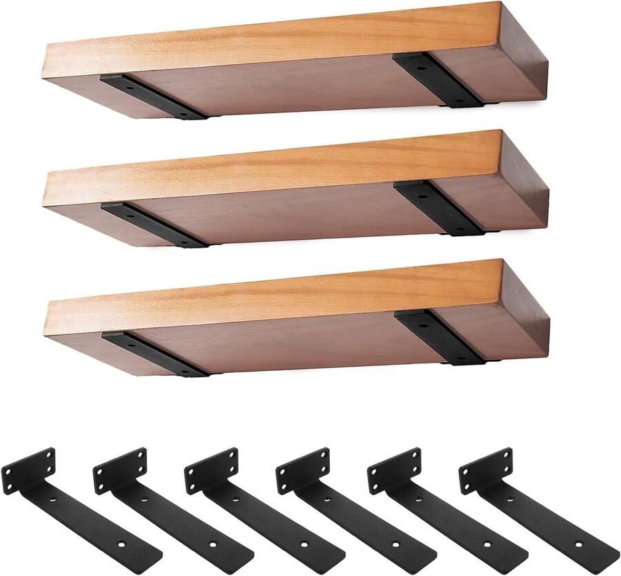 Allecto Plus Plankhouders Zwart 20 cm Industriële Plankdragers voor Zware Belasting Wandrek Accessoires met Retro Design Set van 6 stuks