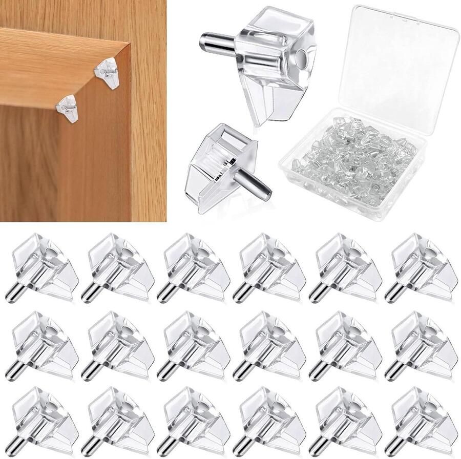 Allecto Plus Planksteunpennen 5 mm Set van 20 stuks Kunststof Transparant Voor keukenmeubilair en boekenplanken Plankbeugel Kastplankpennen Houder Borgpennen