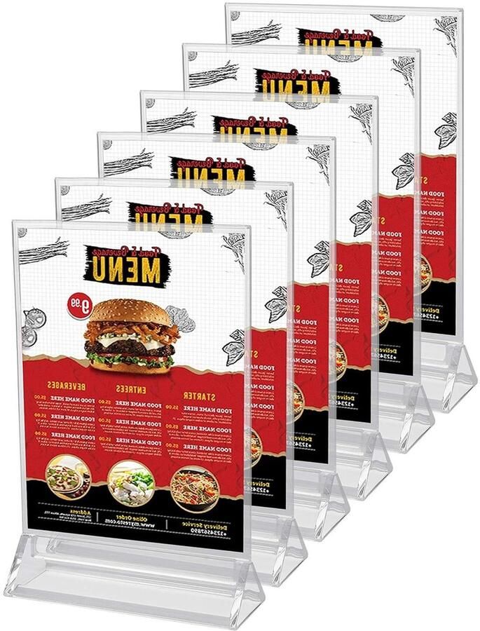 Allecto plus Plastic Dubbelzijdige Verticale Tafel Display Houders Restaurant Menu Kaart Fotolijst & Advertentie Poster Standaard Set van 6 Afmetingen L11 x H19 5 cm