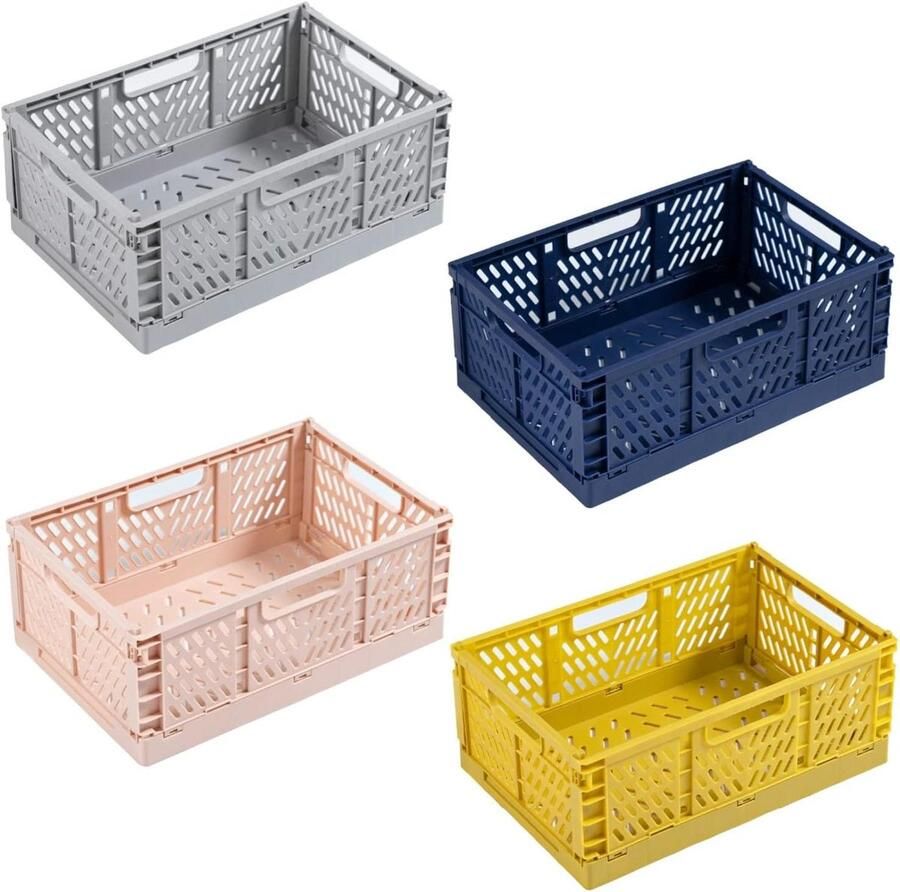 Allecto Plus Plastic Opvouwbare Opbergdozen Set van 4 Groot Formaat Stapelbaar Kleurrijk Voor Badkamer Keuken en Kantoor