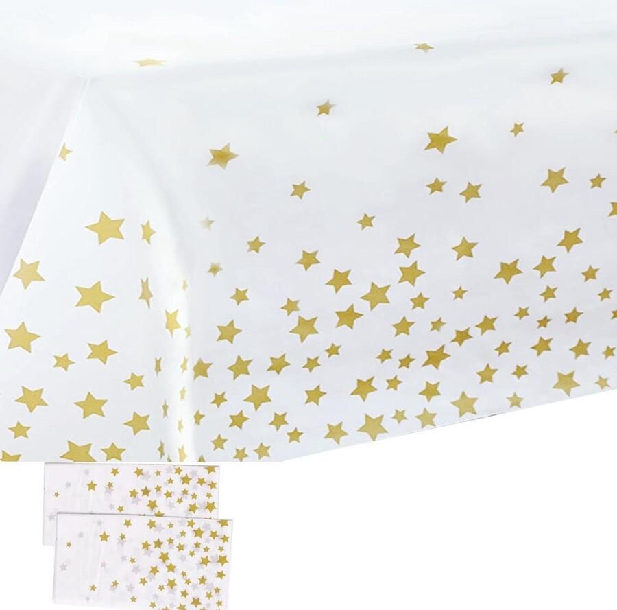 Allecto Plus Plastic Tafelkleden Set van 2 Wit en Goud Feest Benodigdheden Geschikt voor Picknick Babyshower Bruiloft en Verjaardagsfeesten