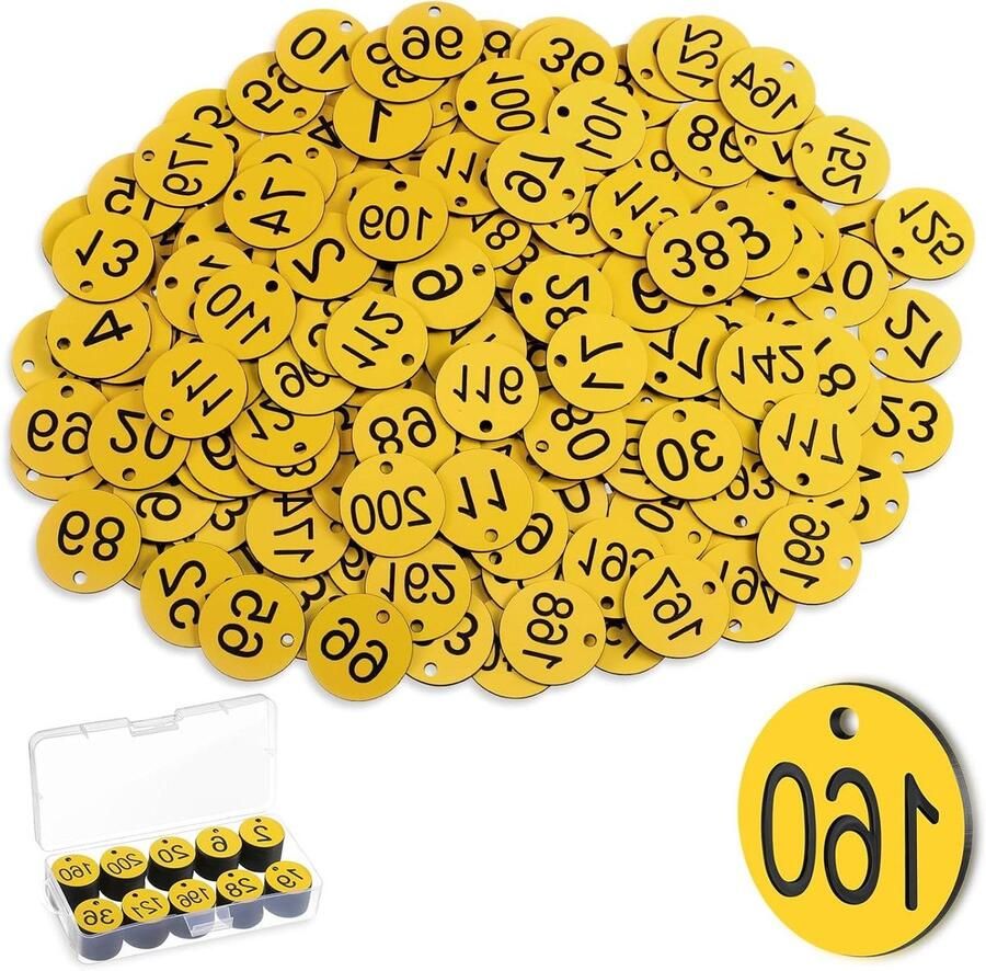 Allecto Plus Plastic Tafelnummers Sleutelnummerlabels Waterdicht Geel Set van 200 Voor Buiten Cafe Restaurant Hotel ID-Tags Garderobe Met Gat Zonder Sleutelhangers Slaapzaal Kluisjes