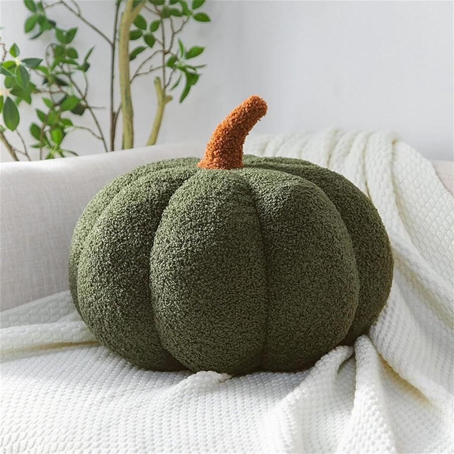 Allecto Plus Pluchen 3D-pompoenkussen voor kinderkamer en bank decoratie Groen 20 cm Sierkussen met decoratief hoofdkussen en zitkussen Verjaardagscadeau
