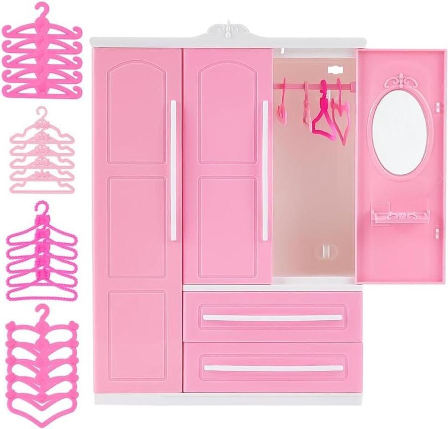 Allecto plus Poppenkast Meubels Garderobe Kast met Hangers voor Poppenhuis Roze 40 Stuks Accessoires Gift