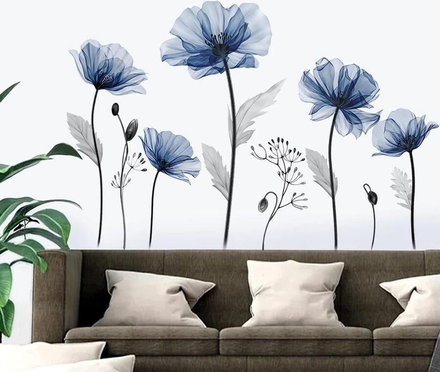 Allecto Plus Poppy Bloemen Muurstickers Blauw Bloeiende Bloemen Muur Sticker Slaapkamer Woonkamer Bank TV Achtergrond Muurdecoratie