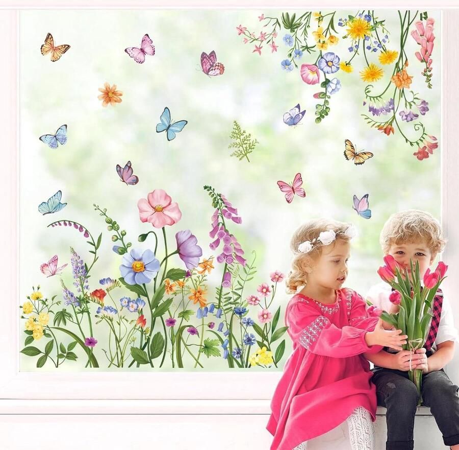 Allecto Plus Raamstickers tuin bloemen klaprozen vlinder anti-botsing glasstickers lente zomer decoratie met dubbelzijdig ontwerp