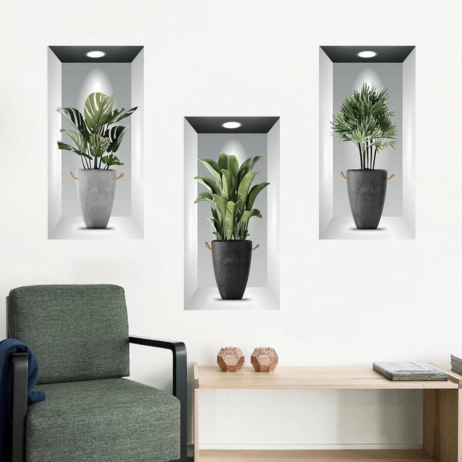 Allecto Plus Realistische 3D planten muursticker set van 3 Groene potplant woondecoratie voor gangpad trap en woonkamer Zelfklevende verwijderbare muurkunst Slaapkamer en bank achtergrond deco
