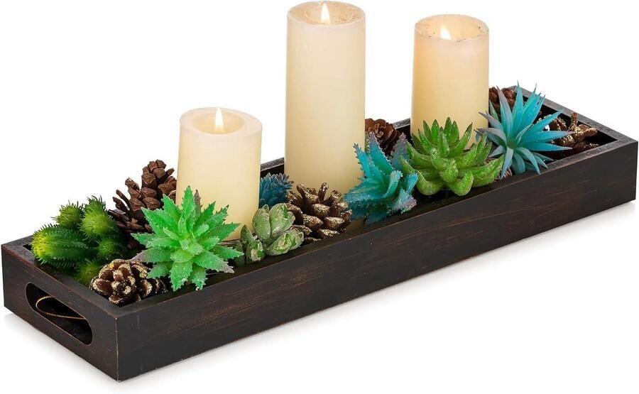 Allecto plus Rechthoekig Decoratief Dienblad van Rustiek Hout Serveerstuk met Handgrepen Kaarsenhouder Home Decor Salontafel Accessoire Woonkamer Decoratie Zwarte en Bruine Tray Leng Smal Badkamer Organizer