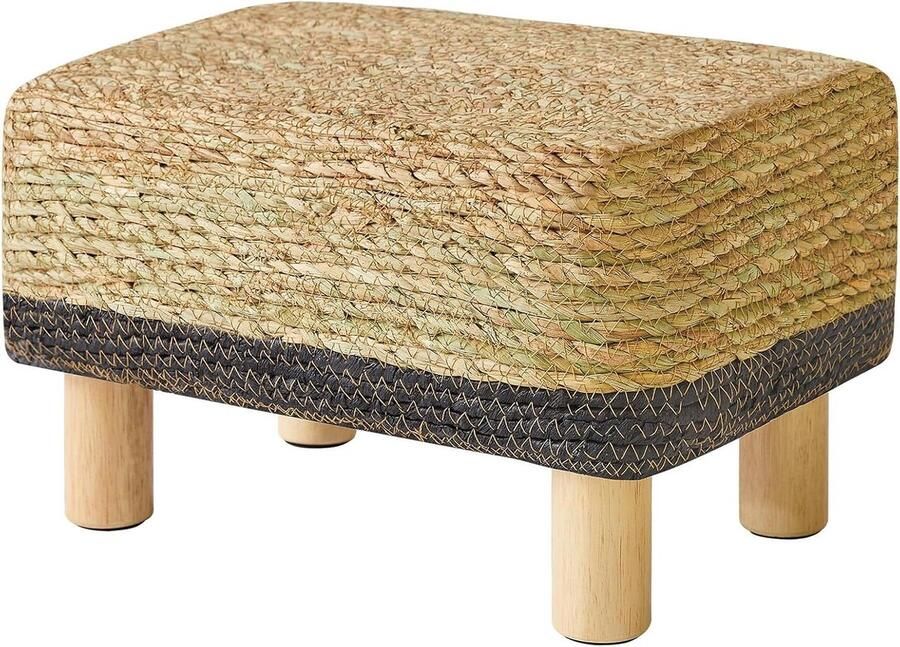 Allecto Plus Rechthoekige voetensteun van natuurlijk zeegras met houten poten Handgeweven Multifunctioneel Zitkussen Voetenbank bijzettafel voor woonkamer en slaapkamer Afmetingen: 42 x 30 x 26 cm