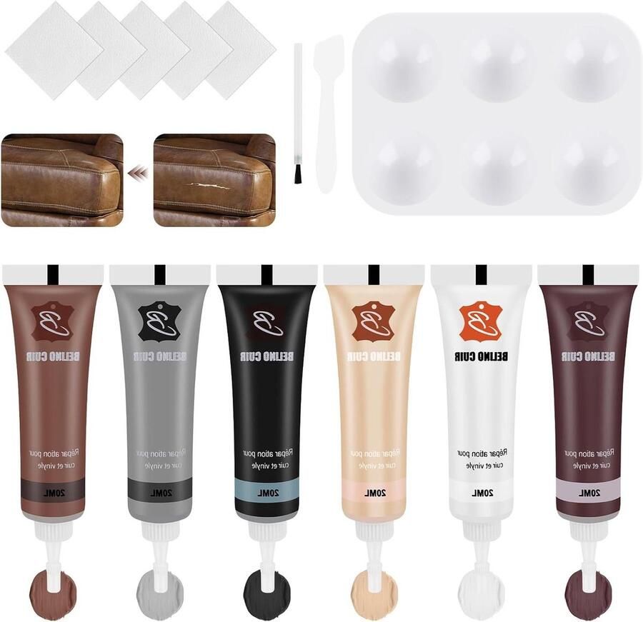 Allecto Plus Reparatieset voor kunstleer 6 kleuren reparatiecrème leren reparatiegel voor banken en autostoelen geschikt voor lederen leren jassen duurzaam en effectief