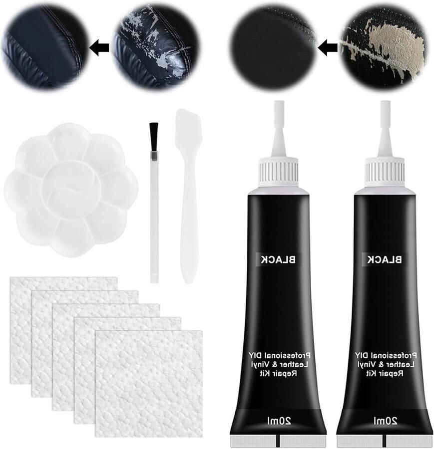 Allecto Plus Reparatieset voor leer en kunstleer 2 x 20 ml Autostoelen banken jassen schoenen Krassen en gaten Zwart