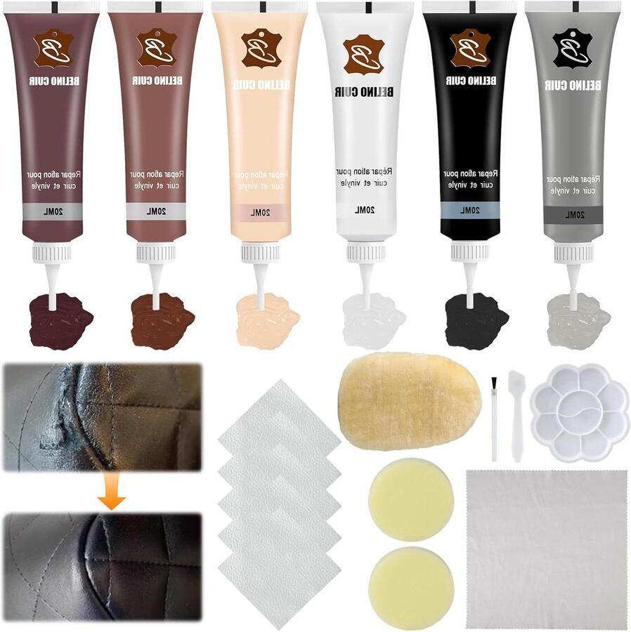 Allecto Plus Reparatieset voor vloeibaar leer in 6 kleuren Set voor reparatie van leer met handschoenen en spons Geschikt voor autostoelen banken en schoenen