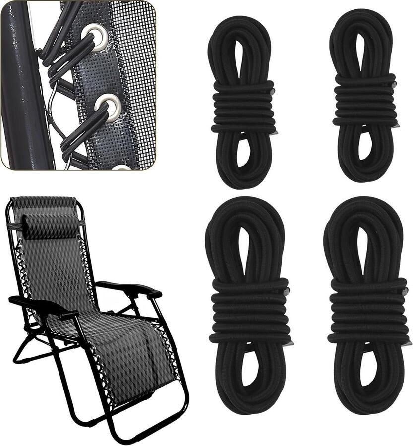 Set van 4 reservekoorden voor Zero Gravity stoelen- Hoogwaardige elastische reservekabels voor ligstoelen- Duurzame en weerbestendige koorden voor klapstoelen- Inclusief 2 lange en 2 korte koorden