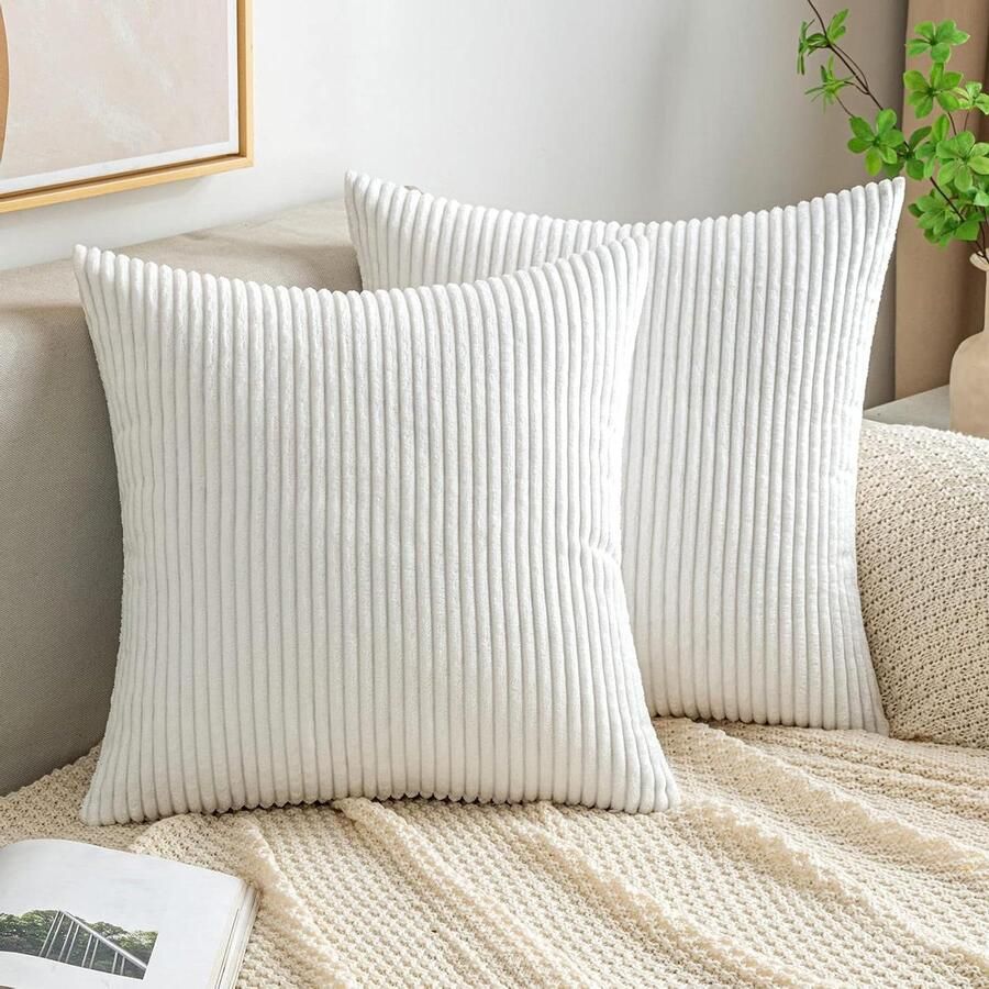 Allecto Plus Kussenslopen Corduroy Vierkante Gestreepte Sierkussens Zachte Sham Thuis Decoratieve Kussenslopen 18x18 Inch Set van 2 Offwhite Slaapkamer Bank Sofakussens