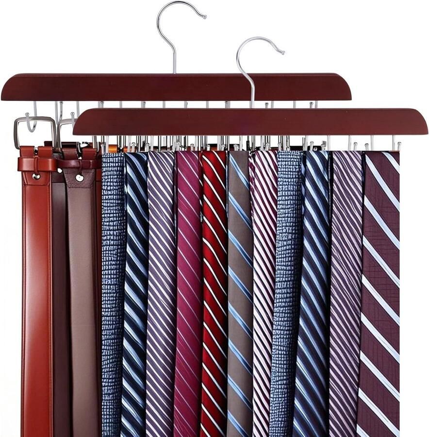 Allecto plus Riem Hanger voor Kast Houten Roestvrij Staal 2 in 1 Riem Stropdas Organizer met 14 Haken Opvouwbaar Rek voor Kast Organiseren Opslag
