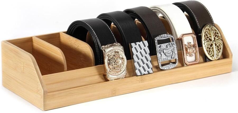 Allecto plus Riemorganizer met 7 compartimenten voor mannen Bamboe riemhouder voor kast en lade Gele riemvitrine en riemopbergorganizer