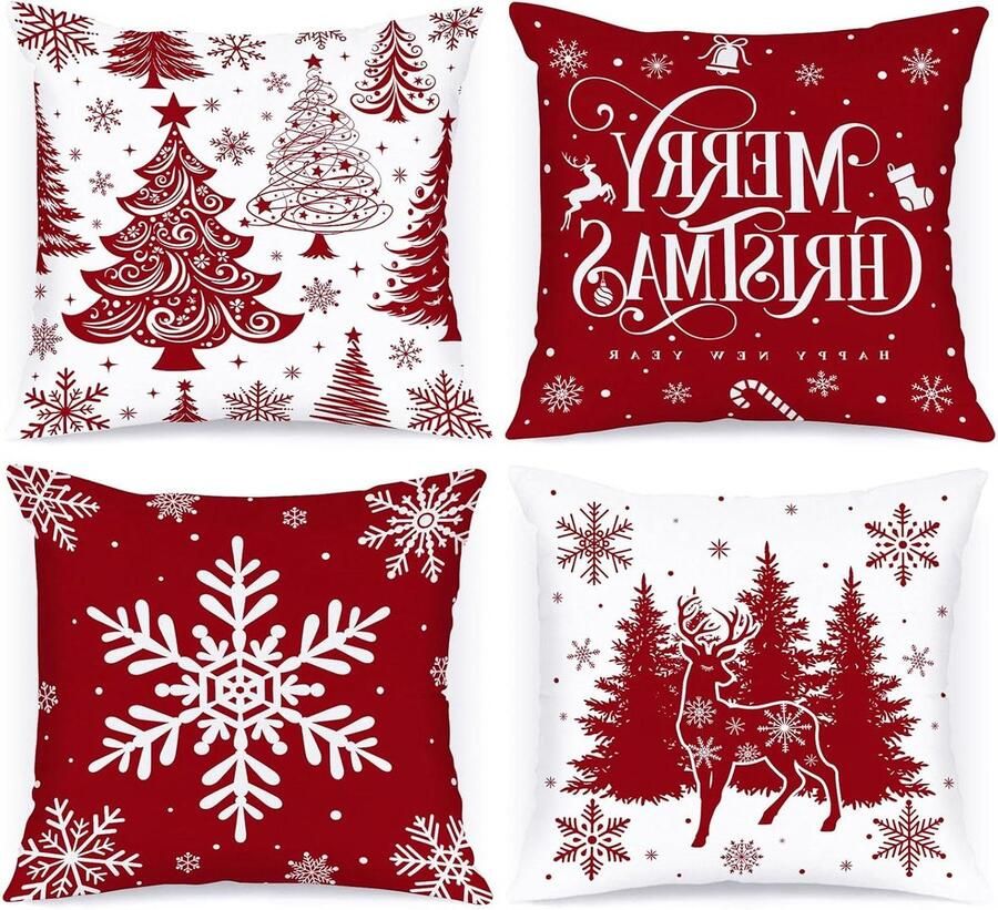 Allecto Plus Rode kerst kussenslopen set van 4 Winterdecoratie Kerstboom kussen Decoratief kussen voor bank en slaapkamer 45x45 cm