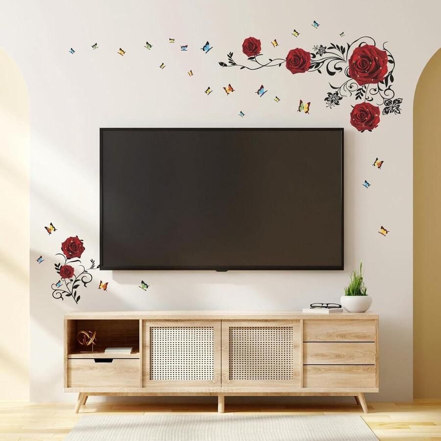 Allecto Plus Rode Roos Muurstickers Bloemen Vijf Rozen Woonkamer Slaapkamer Sticker TV Wanddecoratie Zelfklevende Vinyl Mural Decals Woonkamer Bank Bloemen Vine Peony Floral
