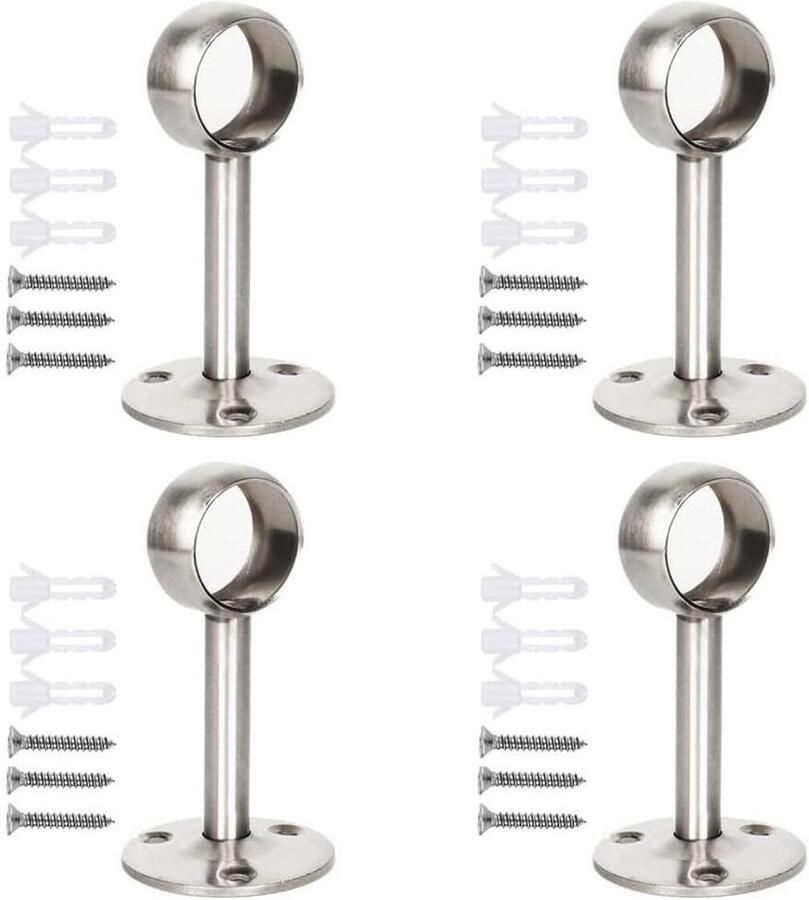 Allecto Plus Roestvrijstalen garderobepijp flensstanghouder stanghendel steunhouder Set van 4 stuks Inclusief schroeven Voor droogrek kledingkast keuken kast 22 mm Zilverkleurig