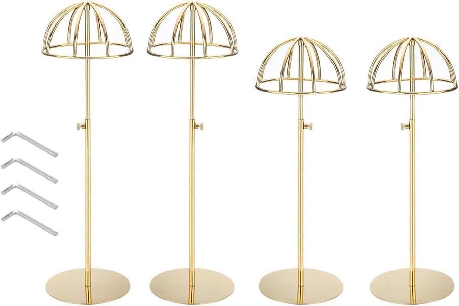 Allecto plus Roestvrijstalen hoedenstandaard 30 5-61 cm verstelbare hoogte Pruikstandaard rek Roestvrij antislip vitrine Honkbalhoeden opbergen Goudkleurig Set van 4 stuks