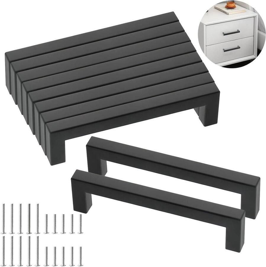 Allecto Plus RVS Keukengrepen Zwart 128mm Gat Afstand 10 Stuks incl. Schroeven Moderne Vierkante Grepen voor Keukenlades en Kasten