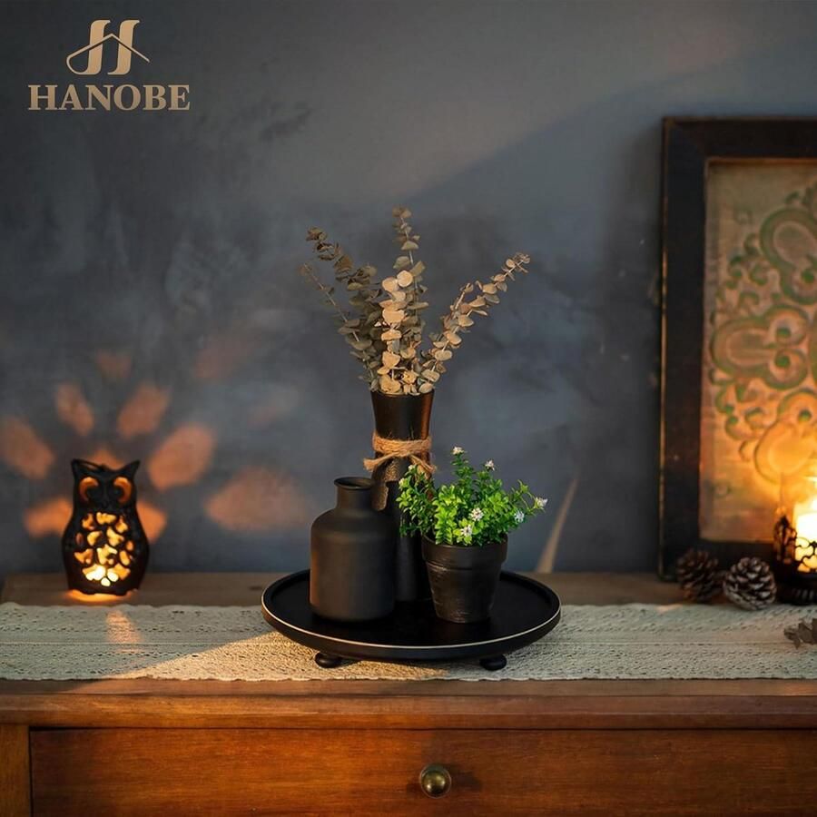 Allecto plus Rond Houten Dienblad Decoratie 28 cm Zwart Vintage Tafel Woonkamer Badkamer