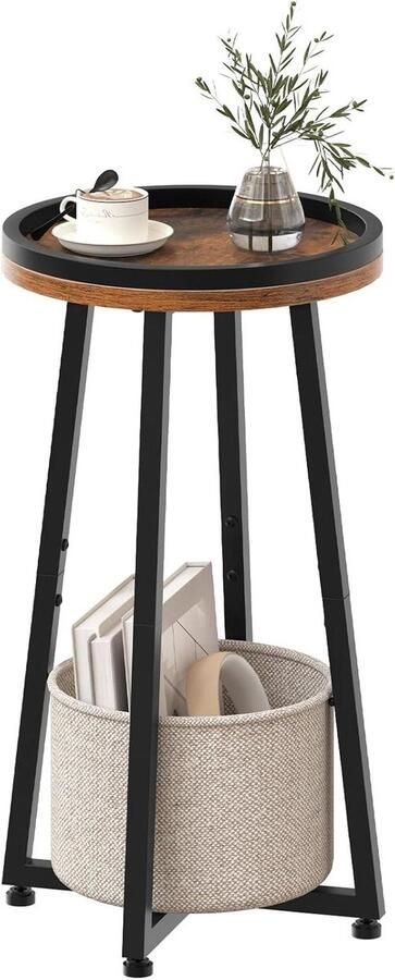 Allecto Plus Ronde bijzettafel met opstaande rand en stoffen mand Rustiek bruin voor kleine ruimtes Woonkamer en slaapzaal Beige EBF183BZ01