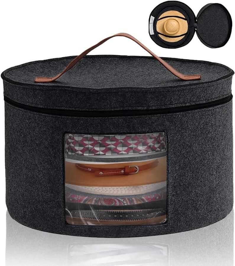 Allecto Plus Ronde hoedendoos van stof met opvouwbare hoeden Inclusief lederen handgreep en ritssluiting Transparant venster 42 x 25 cm Donkergrijs