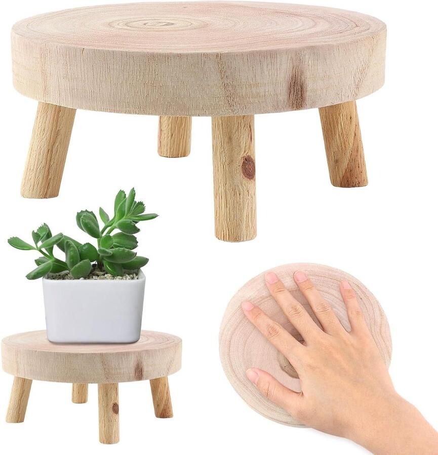 Allecto plus Ronde houten kruk voor kinderen en volwassenen Opstapkruk Plantenstandaard Tuinkruk Lage kruk Bedkruk M maat