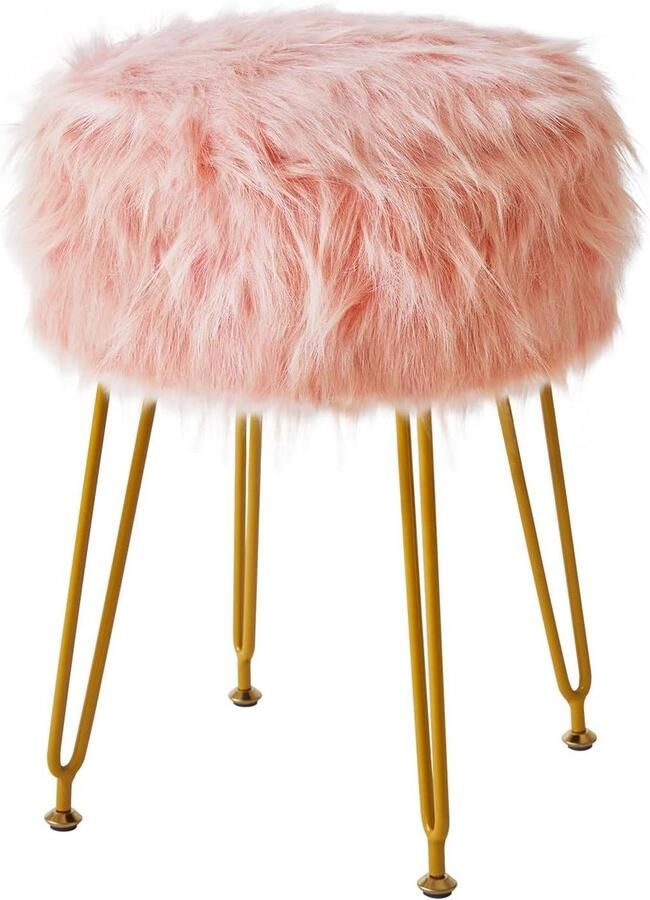 Allecto Plus Ronde make-upkruk van imitatiebont met opslag roze zachte gewatteerde zitting voetenbank voor woonkamer en slaapkamer