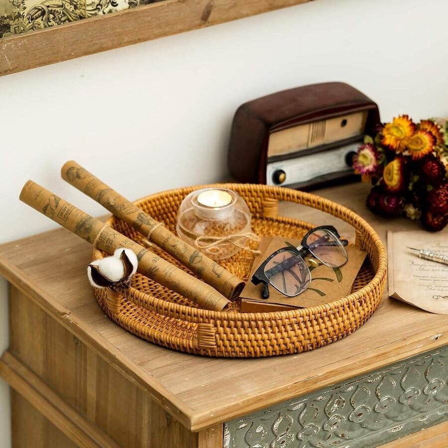 Allecto Plus Ronde Rotan Dienblad 35cm Hand Geweven Decoratief Voor Ontbijt Dranken Snack Koffietafel Bar Diner Feesten Keuken Organizer