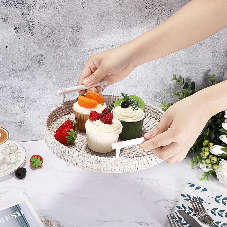 Allecto Plus Ronde rotan geweven dienblad 245 cm voor decoratieve display en opbergschalen met handvat Tafel organizer voor koffie drank ontbijt thee en kaarsen Whitewash design