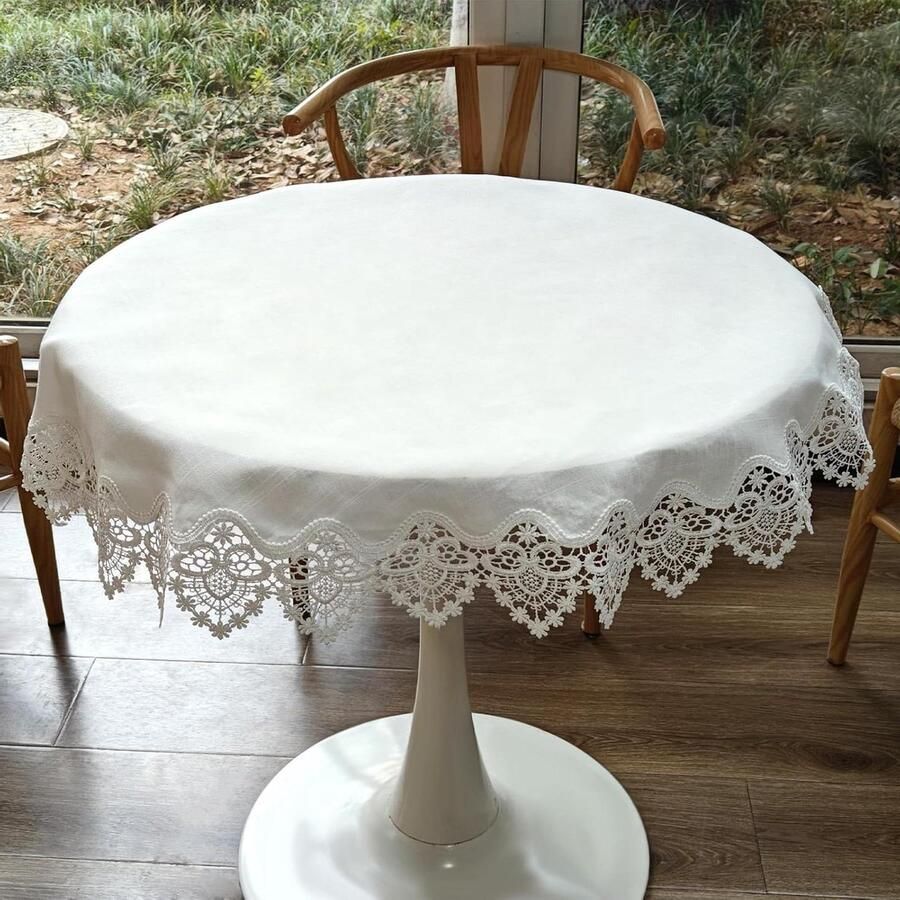 Allecto Plus Ronde witte doily met kant en borduurwerk voor keuken en eetkamertafel rustieke tafeldecoratie met jacquard patroon 39 cm diameter