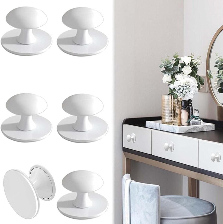 Allecto plus Ronde witte zelfklevende kastknoppen keukendeur handgrepen deurpols ladeknoppen Set van 6 stuks