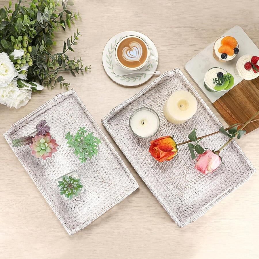 Rotan Dienblad Thuis Badkamer Gast Handdoek Lade Decoratieve Display Lade Geweven Tafel Opslag Lade met Handvat Tafel Desktop Organizer Servies Keuken Ornament 34cm Whitewash wooden tray