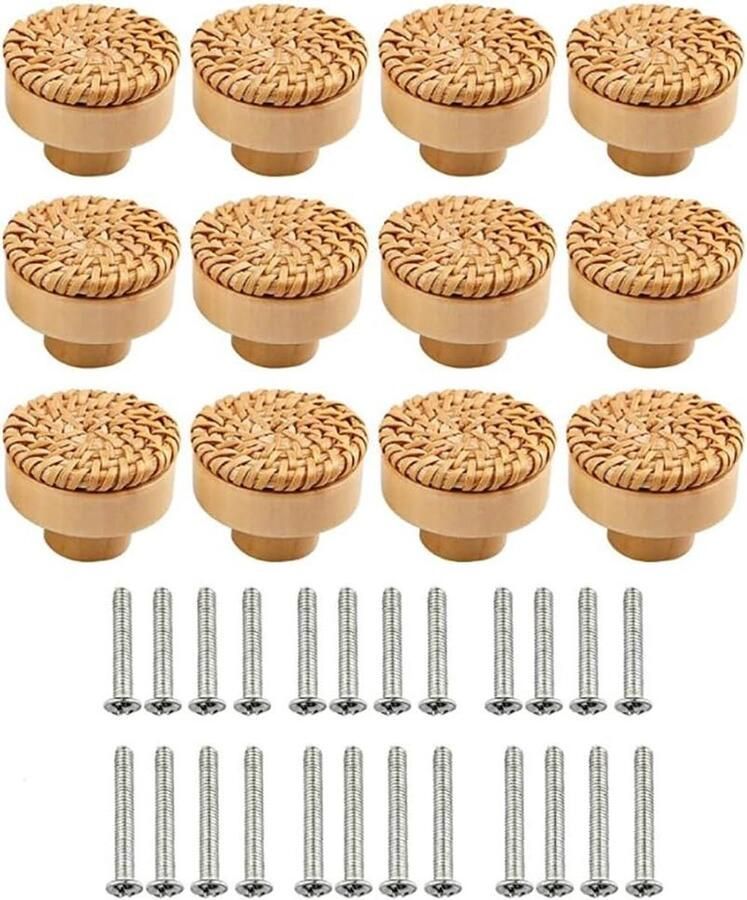 Allecto Plus Rotan meubelknoppen 40 mm met schroeven Houten boho deco knoppen voor commode Natuurlijke kastknoppen voor woonkamer en keukenkasten (Set van 12)