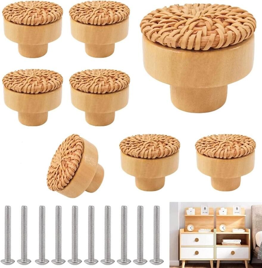 Allecto Plus Rotan Meubelknoppen 8 stuks 40 mm Natuurlijke Kastknoppen voor Commodes en Lades Boho Houten Knoppen Kastgrepen en Handgrepen van Hout